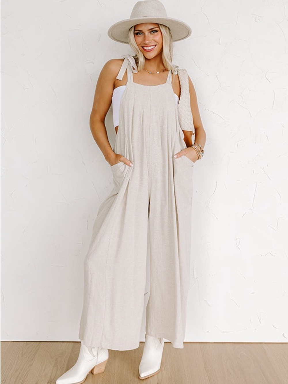 HYFVE Sz M Linen Blend Jumpsuit in Oatmeal Boho Beachy